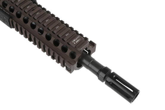 The DDM4 AR15 rifle chambered in 5.56 features a heavy buffer for smooth recoil
